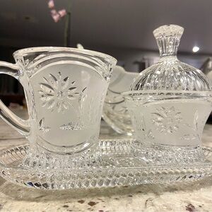 Cut Crystal Creamer and Sugar Set W Tray Lausitzer German Floral Pattern